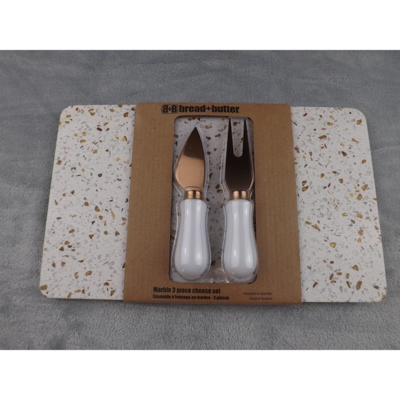 Other - Bread & Butter Marble 3 PC‎ Cheese Set New White Gold Brown Silver Gray Bronze